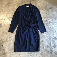 画像1: NAVY COLOR WAIST RIBBON DESIGN DRAPE LONG TOPS / Ladies M(8) (1)