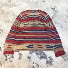 画像1: 90's【RALPH LAUREN】BORDER HENLEY NECK LINEN L/S TOPS / Mens XL (1)