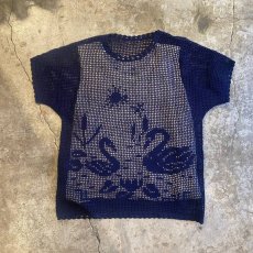 画像6: NAVY COLOR MESH SWAN PATTERN DESIGN S/S TOPS / Mens M (6)