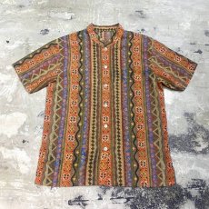 画像1: ART GRAPHIC STRIPE PATTERN MAO COLLAR S/S SHIRT / Mens M~L (1)