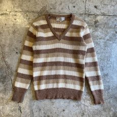 画像1: OLD BORDER PATTERN COLOR V NECK KNIT SWEATER / Ladies L(M) (1)