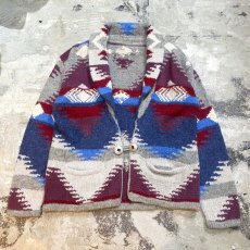 画像1: NATIVE BORDER PATTERN SHAWL COLLAR KNIT JACKET / Mens L (1)