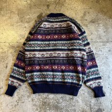 画像2: MIX COLOR NORDIC PATTERN V NECK DESIGN KNIT CARDIGAN / Ladies L (2)