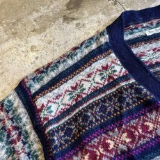 画像8: MIX COLOR NORDIC PATTERN V NECK DESIGN KNIT CARDIGAN / Ladies L (8)