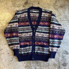 画像1: MIX COLOR NORDIC PATTERN V NECK DESIGN KNIT CARDIGAN / Ladies L (1)