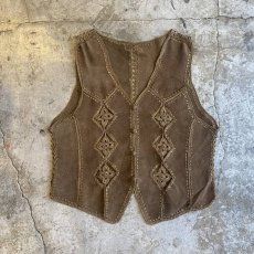 画像1: PATCHWORK CROCHET DESIGN BROWN COLOR SUEDE LEATHER VEST / Ladies M (1)