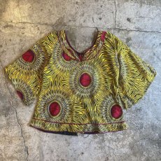 画像1: AFRICAN BATIK PATTERN BACK OPEN RIBBON WIDE SLEEVE DESIGN TOPS / Ladies M (1)