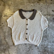 画像1: PALE TONE COVERED BUTTON CROCHET DESIGN S/S CARDIGAN / Ladies M (1)