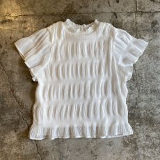 画像1: WHITE COLOR PLEATS DESIGN FRILL NECK S/S TOPS / Ladies M (1)