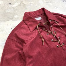 画像3: WINE RED COLOR LACE UP L/S SHIRT / Mens M (3)