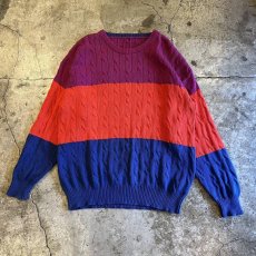 画像1: THREE COLOR LINE PATTERN CABLE KNITTING DESIGN KNIT SWEATER / Ladies XL (1)