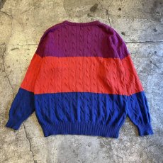 画像2: THREE COLOR LINE PATTERN CABLE KNITTING DESIGN KNIT SWEATER / Ladies XL (2)