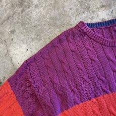 画像9: THREE COLOR LINE PATTERN CABLE KNITTING DESIGN KNIT SWEATER / Ladies XL (9)