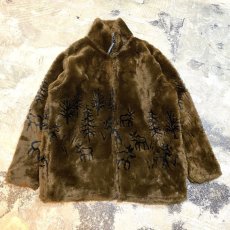 画像1: 90's REINDEER PATTERN HI NECK FAUX FUR JACKET / Mens M / MADE IN USA (1)