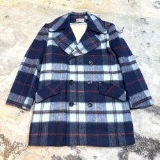 画像1: 60~70's BLUE CHECK PATTERN WOOL MIDDLE COAT / Mens L (1)