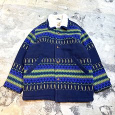 画像1: GEOMETRIC PATTERN NAVY COLOR　WOOL JACKET / Mens XL (1)