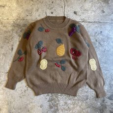 画像1: FRUITS PATTERN THREE DIMENSIONAL CROCHET DESIGN KNIT SWEATER / Ladies M (1)