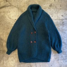 画像1: GREEN COLOR PATTERN LONG DOUBLE DESIGN KNIT CARDIGAN / Ladies L (1)