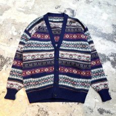 画像1: BORDER NORDIC PATTERN KNITTING CARDIGAN / Mens L (1)