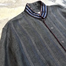 画像3: STRIPE STITCH STAND COLLAR LINEN L/S SHIRT / Mens L (3)