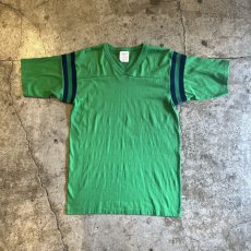 画像1: 80's SLEEVE RIB LINE DESIGN COLOR V NECK S/S TEE / Ladies M / MADE IN USA (1)