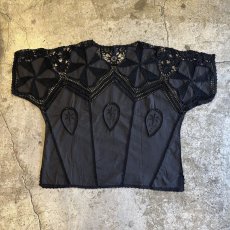 画像2: BLACK COLOR MIX FABRIC DESIGN S/S BLOUSE / Ladies L (2)