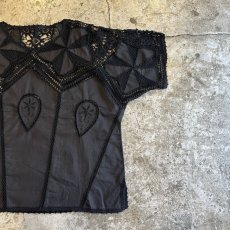 画像8: BLACK COLOR MIX FABRIC DESIGN S/S BLOUSE / Ladies L (8)