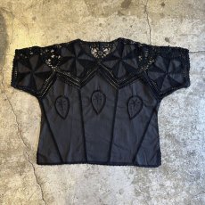 画像1: BLACK COLOR MIX FABRIC DESIGN S/S BLOUSE / Ladies L (1)