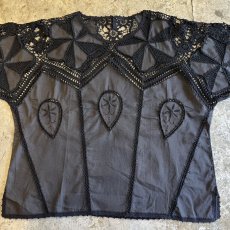 画像9: BLACK COLOR MIX FABRIC DESIGN S/S BLOUSE / Ladies L (9)