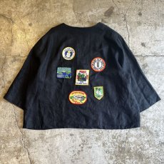 画像1: OLD PATCH EMBROIDERY DESIGN LINEN JACKET / Ladies L(46) (1)