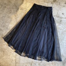 画像4: BLACK COLOR POINT LACE DESIGN TULLE SHEER FLARE LONG SKIRT / W28 (4)