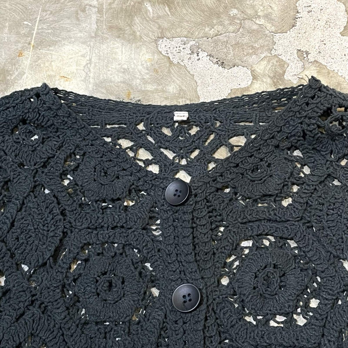 画像10: GREEN CROCHET SHORT LENGTH NO COLLAR CARDIGAN / Mens L (10)