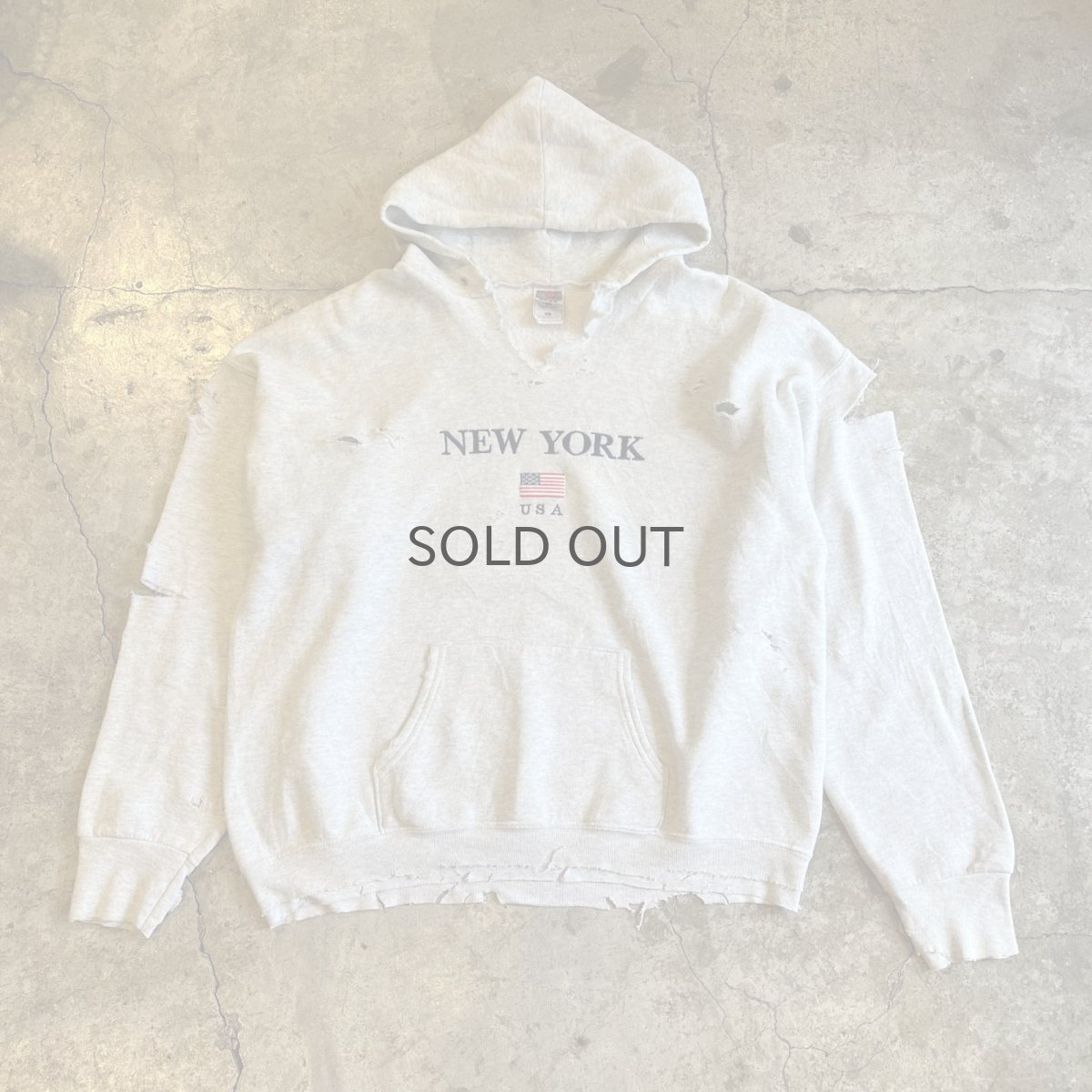 画像1: FRONT "NEW YORK USA" LOGO EMBROIDERY CRASH DAMAGE DESIGN SWEAT HOODIE / Ladies XL  (1)