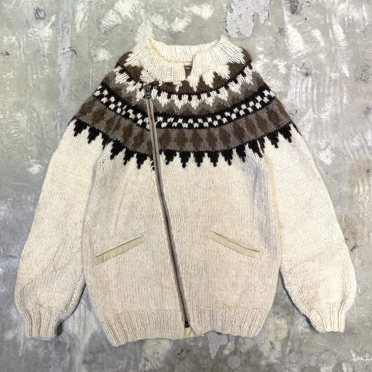 画像1: NATIVE PATTERN NECK ZIP UP KNIT JACKET / Mens L (1)