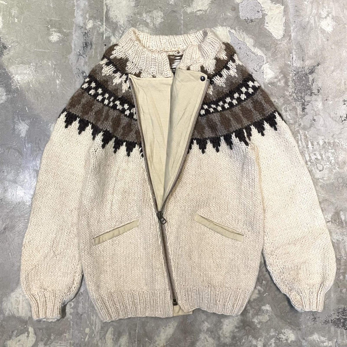 画像2: NATIVE PATTERN NECK ZIP UP KNIT JACKET / Mens L (2)