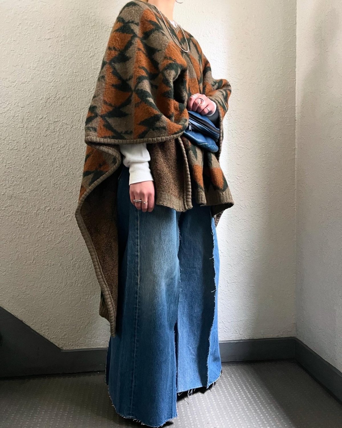 画像12: OLD ALL OVER NATIVE PATTERN DESIGN WOOL PONCHO / Ladies L (12)