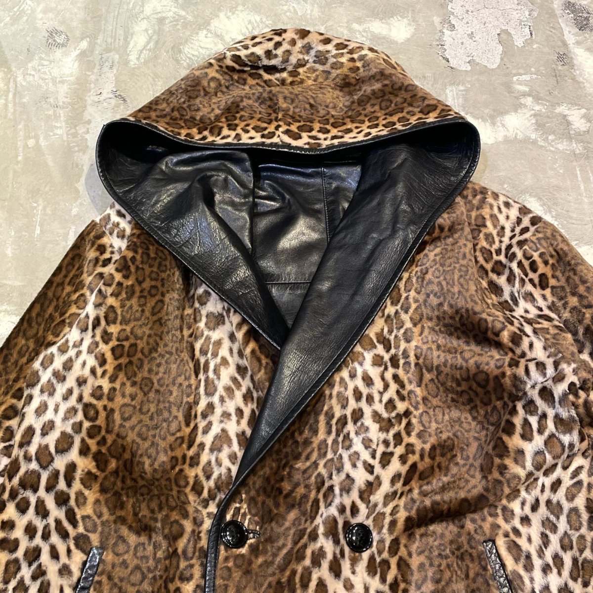 画像14: REAL LEATHER × LEOPARD REVERSIBLE HOODIE HALF COAT / Mens L (14)