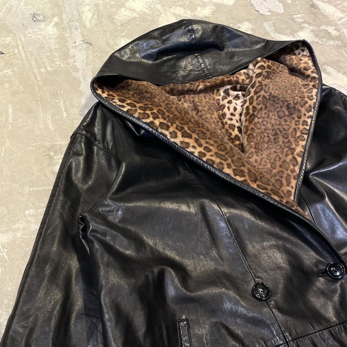 画像5: REAL LEATHER × LEOPARD REVERSIBLE HOODIE HALF COAT / Mens L (5)