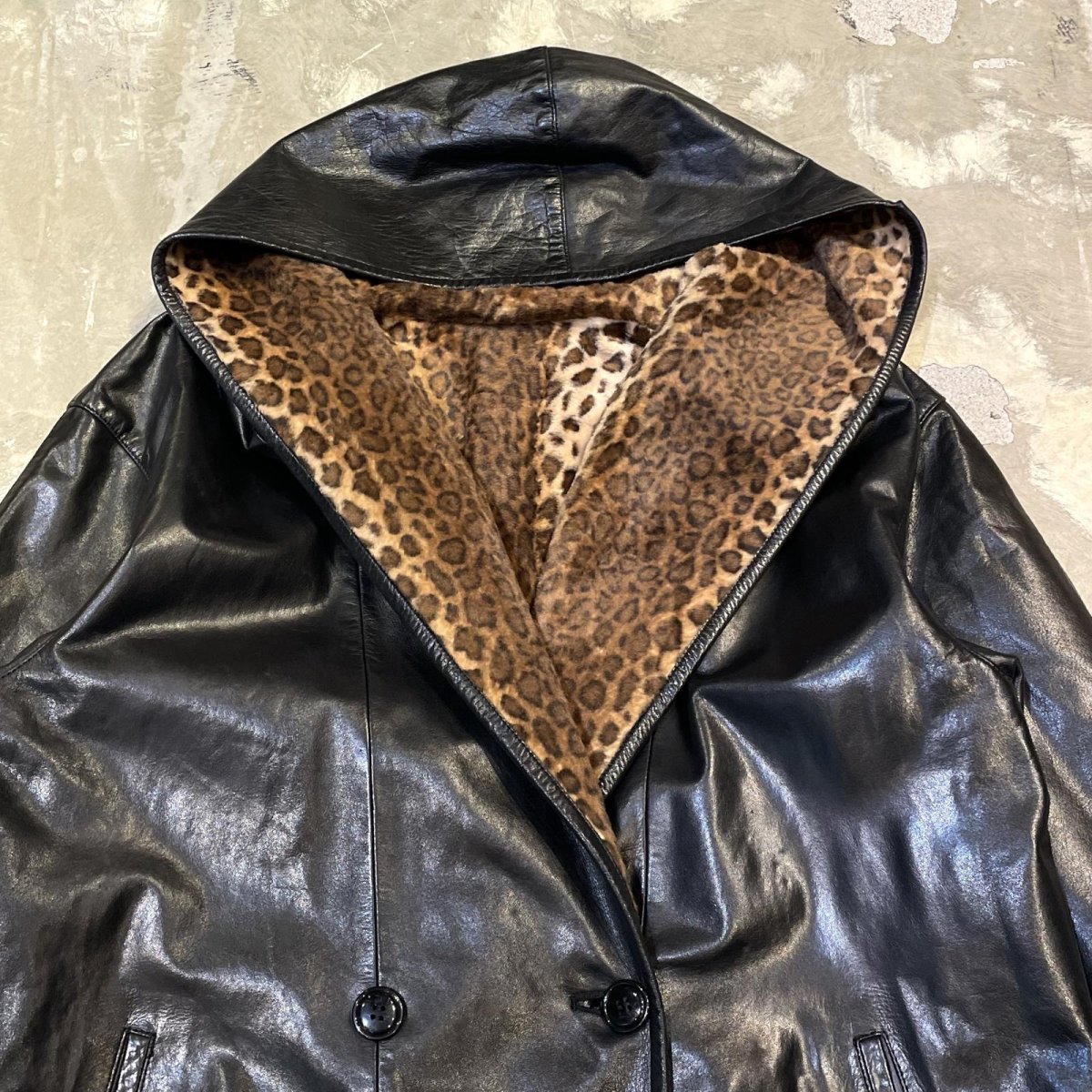 画像13: REAL LEATHER × LEOPARD REVERSIBLE HOODIE HALF COAT / Mens L (13)