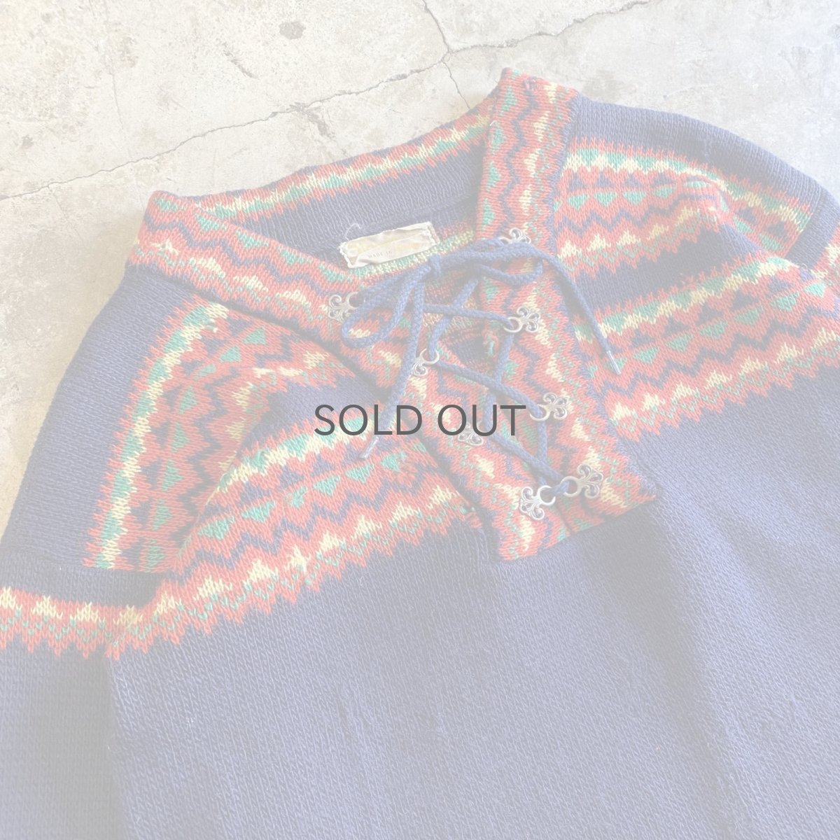 画像3: OLD NATIVE PATTERN LACE UP DESIGN NORDIC KNIT TOPS / Ladies L / MADE IN NOWAY  (3)