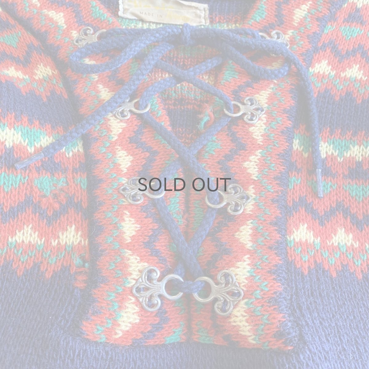 画像4: OLD NATIVE PATTERN LACE UP DESIGN NORDIC KNIT TOPS / Ladies L / MADE IN NOWAY  (4)