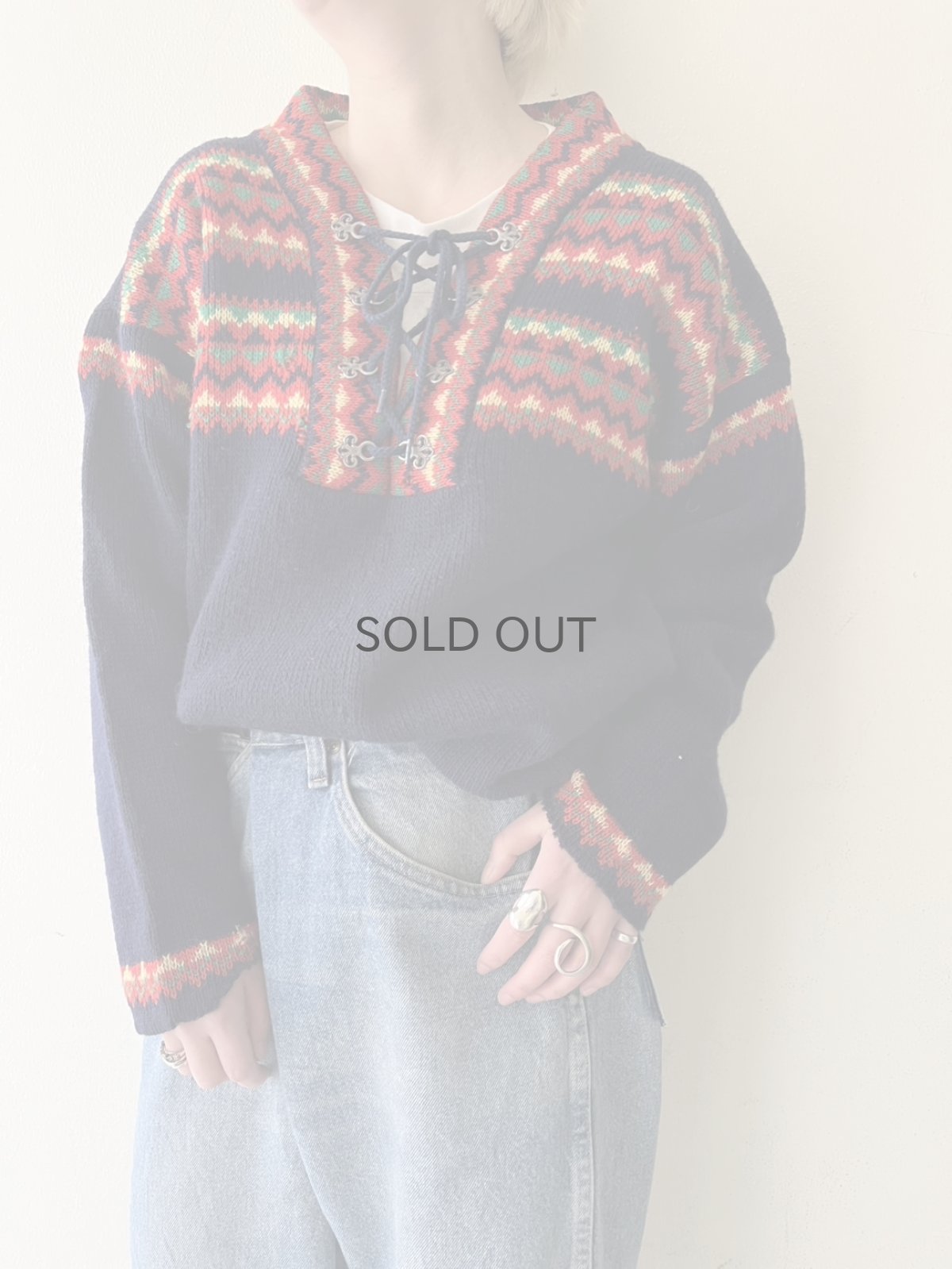 画像12: OLD NATIVE PATTERN LACE UP DESIGN NORDIC KNIT TOPS / Ladies L / MADE IN NOWAY  (12)