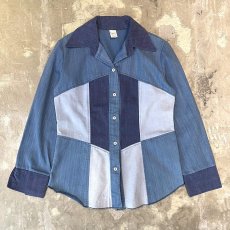 画像1: 70's PATCHWORK DENIM PATTERN L/S SHIRT / Mens M (1)