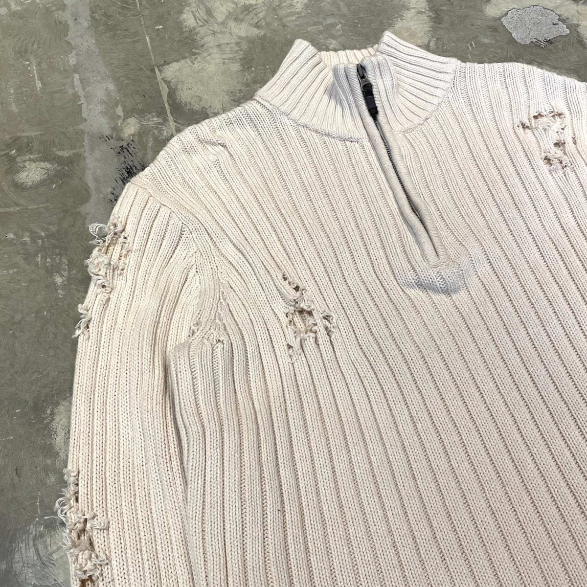画像3: CRASH DAMAGE HALF ZIP COTTON KNIT SWEATER / Mens L (3)