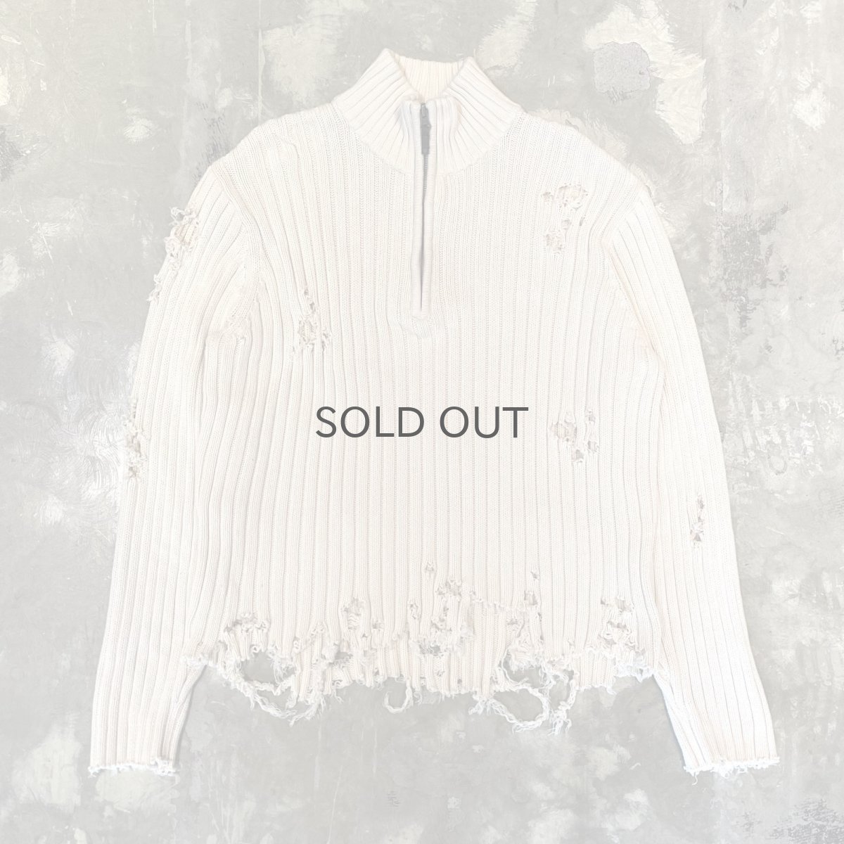 画像1: CRASH DAMAGE HALF ZIP COTTON KNIT SWEATER / Mens L (1)
