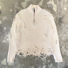 画像1: CRASH DAMAGE HALF ZIP COTTON KNIT SWEATER / Mens L (1)