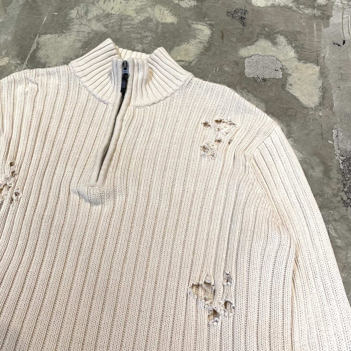 画像4: CRASH DAMAGE HALF ZIP COTTON KNIT SWEATER / Mens L (4)