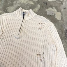 画像4: CRASH DAMAGE HALF ZIP COTTON KNIT SWEATER / Mens L (4)