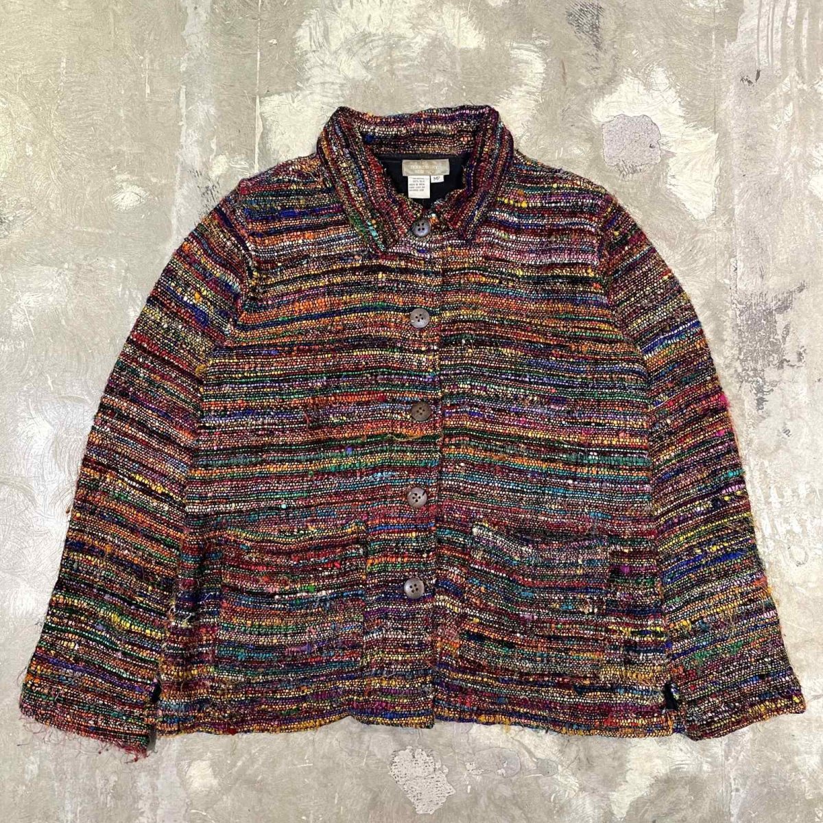 画像1: COLOR MIX BORDER PATTERN SILK JACKET / Mens S / MADE IN INDIA (1)