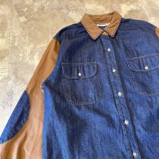 画像3: ELBOW DENIM PATCHED SLEEVE SWITCHED L/S SHIRT / Mens M(L) (3)
